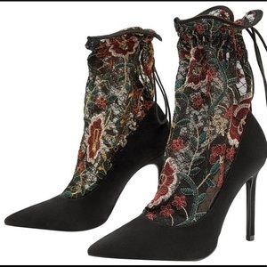 Zara Floral Embroidered Sock Style Heels